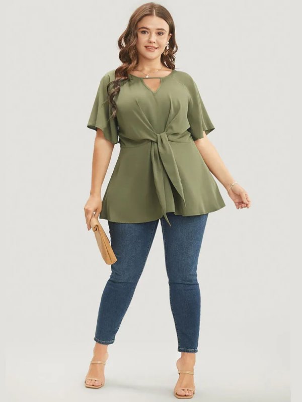 Plain Keyhole Knotted Front Ruffle Sleeve Blouse
