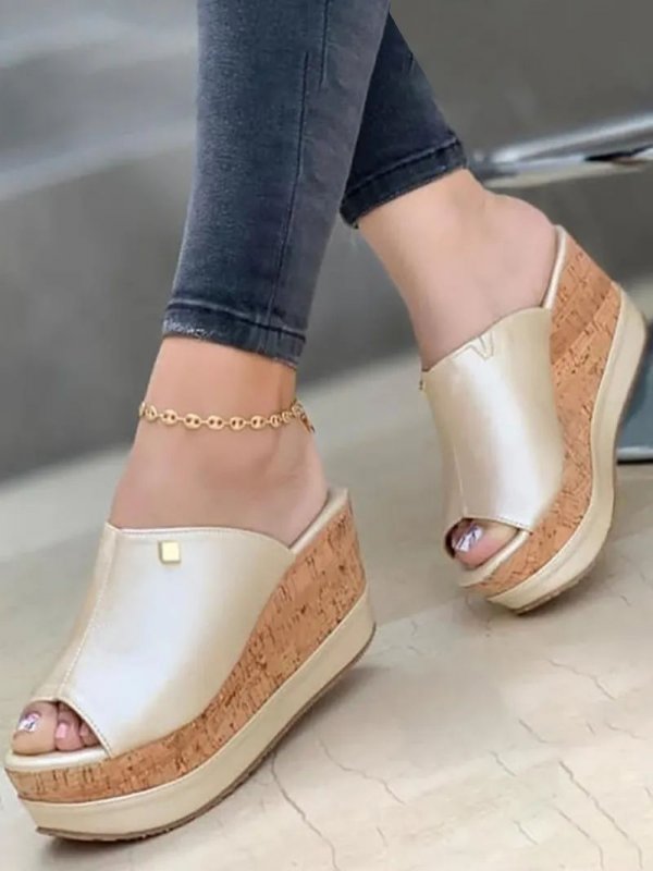 Contrast Paneled Peep Toe Wedge Shoes