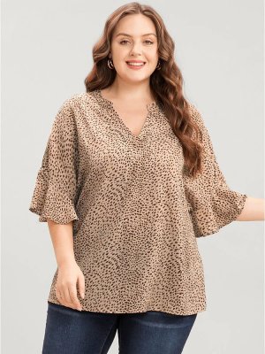 Leopard Print V Neck Ruffle Sleeve Blouse