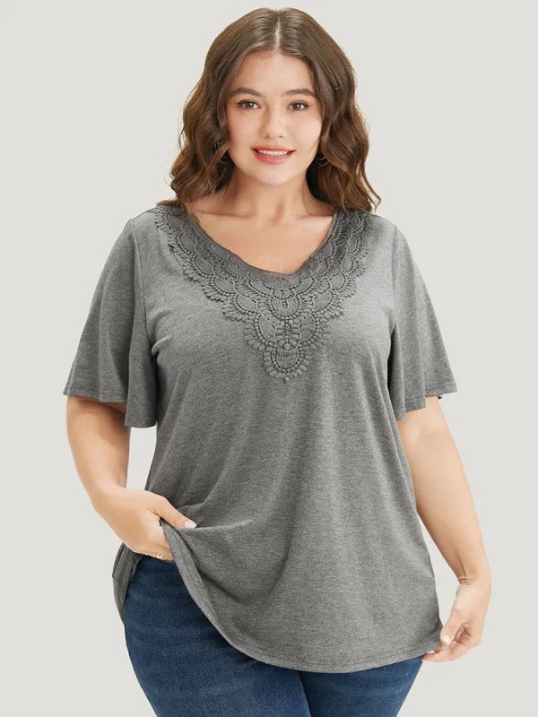 Solid Ruffle Sleeve Lace V Neck T-shirt
