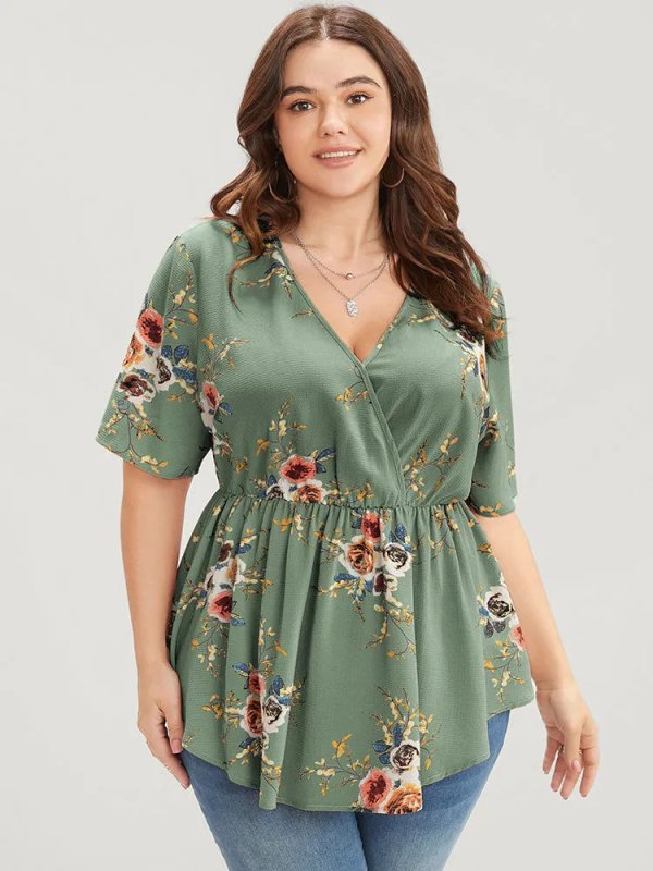 Floral Print Wrap Ruffles Asymmetrical Hem Blouse