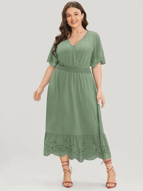 Solid Laser Cut Shirred Pocket Wrap Scalloped Trim Flutter Dress