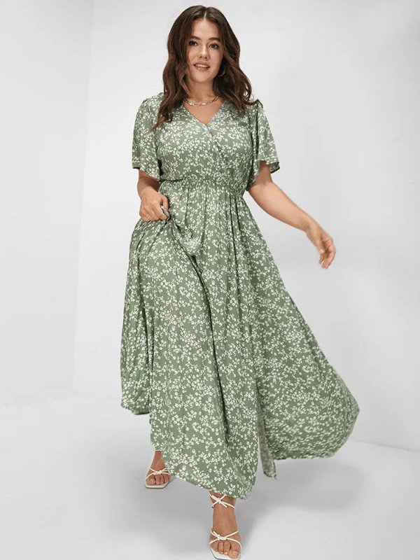 [Hot Sale] Flutter Sleeve Ditsy Floral Pocket Split Maxi Dress