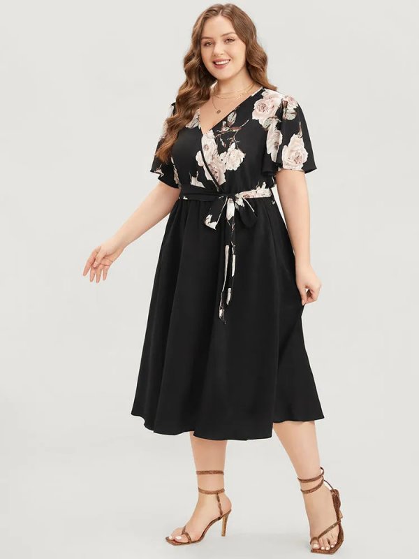 Floral Printed Pocket Ruffles Surplice Neck Belted Midi Dress