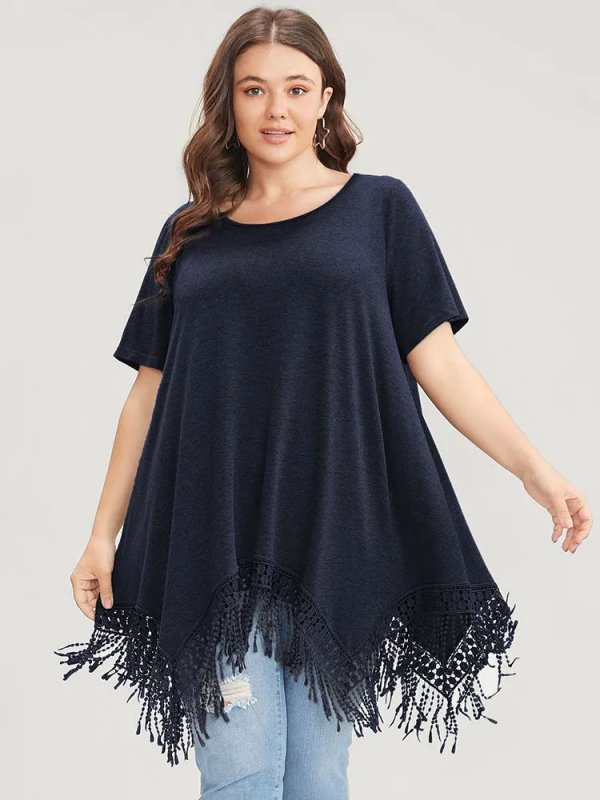 Solid Round Neck Lace Fringe Hem T-shirt