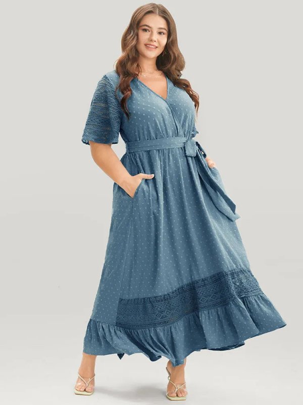 Solid Wrap Pocket Belted Contrast Lace Ruffle Trim Maxi Dress