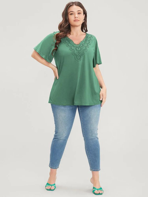 Solid Ruffle Sleeve Lace V Neck T-shirt