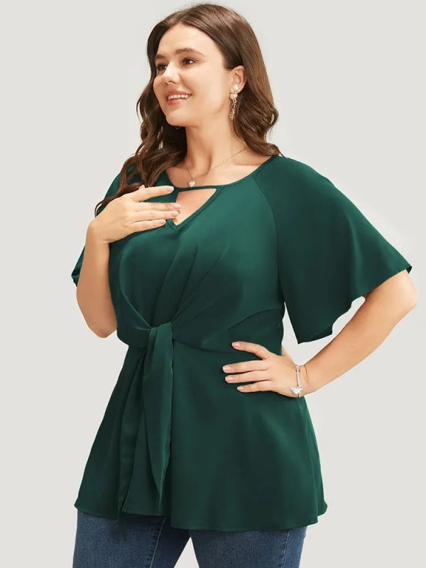 Plain Keyhole Knotted Front Ruffle Sleeve Blouse