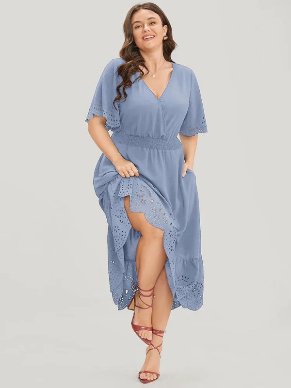 Solid Laser Cut Shirred Pocket Wrap Scalloped Trim Flutter Dress