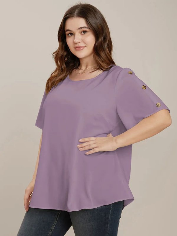 Plain Round Neck Button Detail Blouse