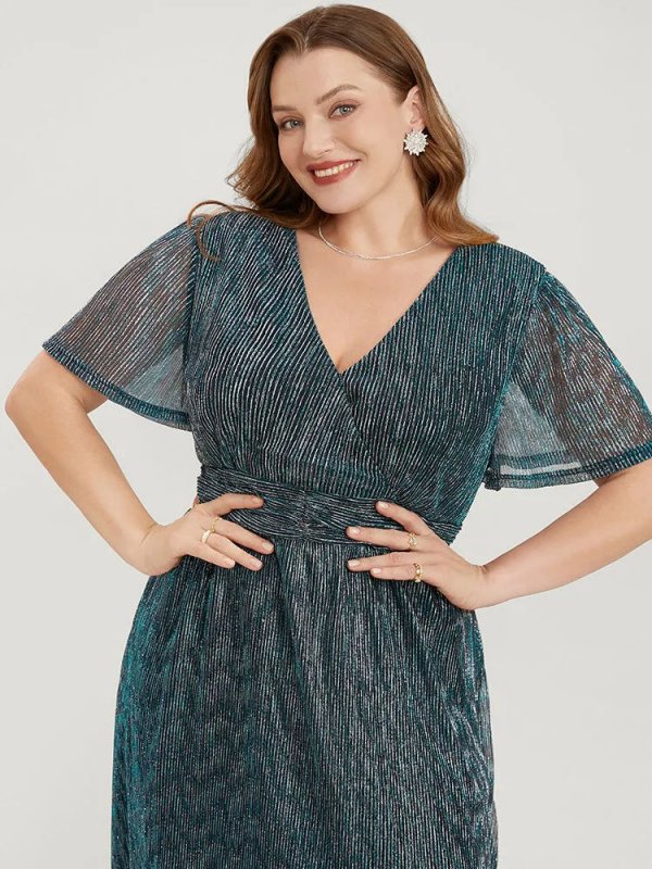 Glitter Mesh Surplice Neck Ruffle Sleeve Pocket Midi Dress