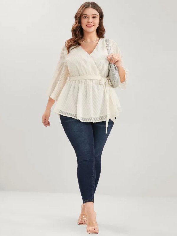 Plain Geometric Mesh Surplice Neck Belted Ruffles Blouse