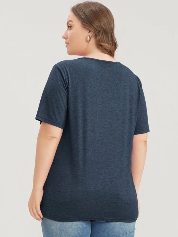 Solid Pleated Front Button Detail V Neck T-shirt