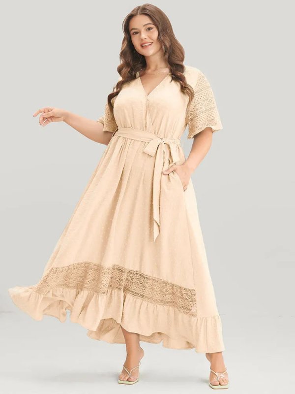 Solid Wrap Pocket Belted Contrast Lace Ruffle Trim Maxi Dress