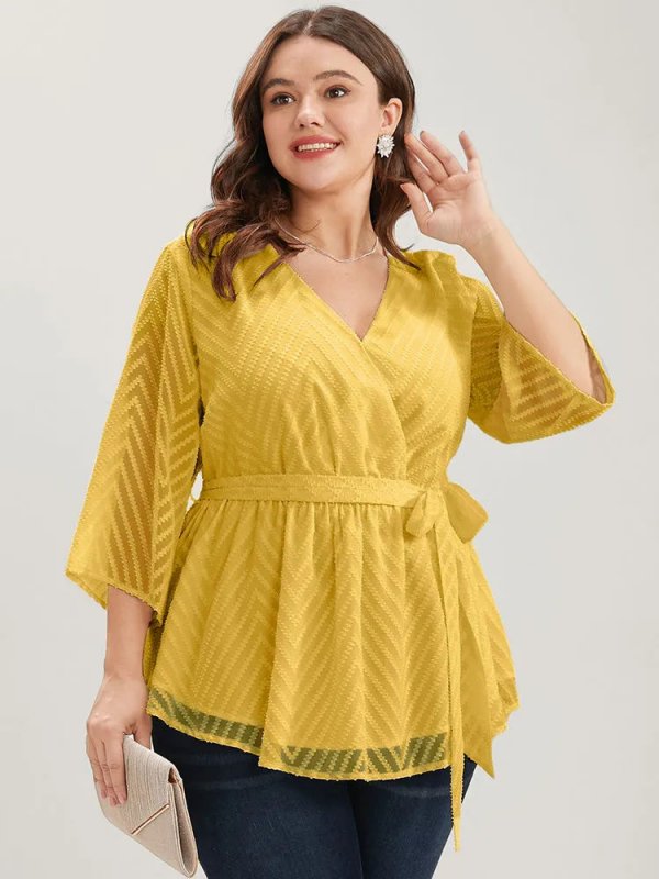 Plain Geometric Mesh Surplice Neck Belted Ruffles Blouse