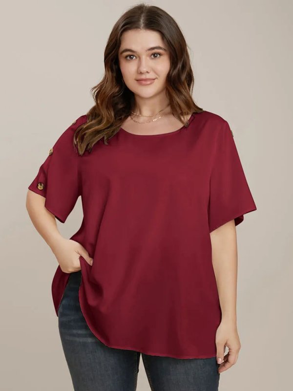Plain Round Neck Button Detail Blouse