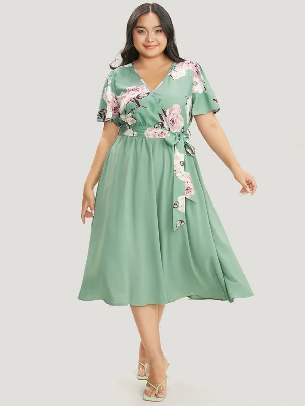 Floral Printed Pocket Ruffles Surplice Neck Belted Midi Dress