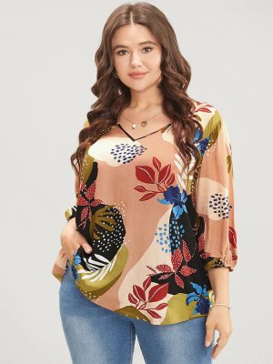 Plant Print Lantern Sleeve V Neck Blouse
