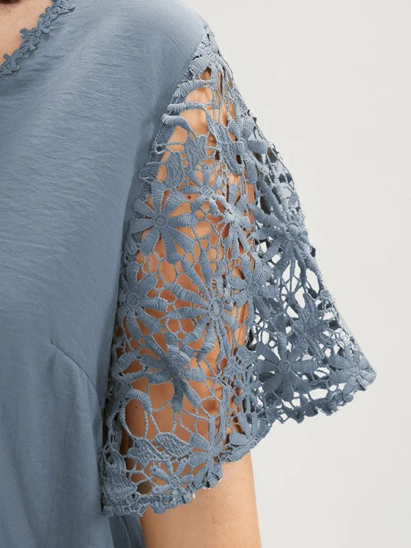 Plain V Neck Floral Patchwork Blouse