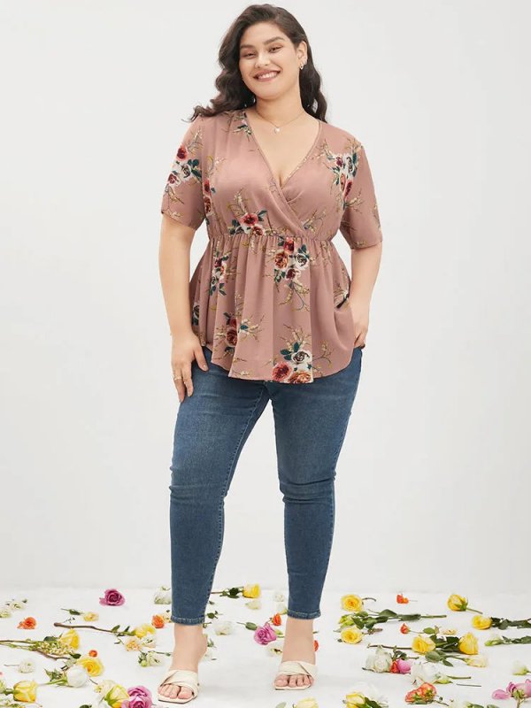 Floral Print Wrap Ruffles Asymmetrical Hem Blouse