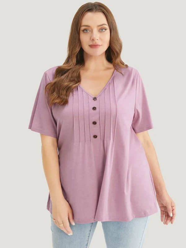 Solid Pleated Front Button Detail V Neck T-shirt