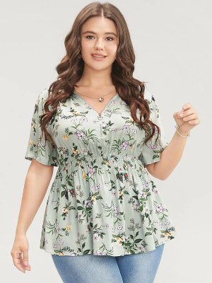 Floral Print Half Zipper Shirred Ruffles Blouse