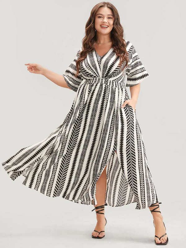 Solid Geometric Dolman Sleeve Pocket Shirred Split Hem Dress