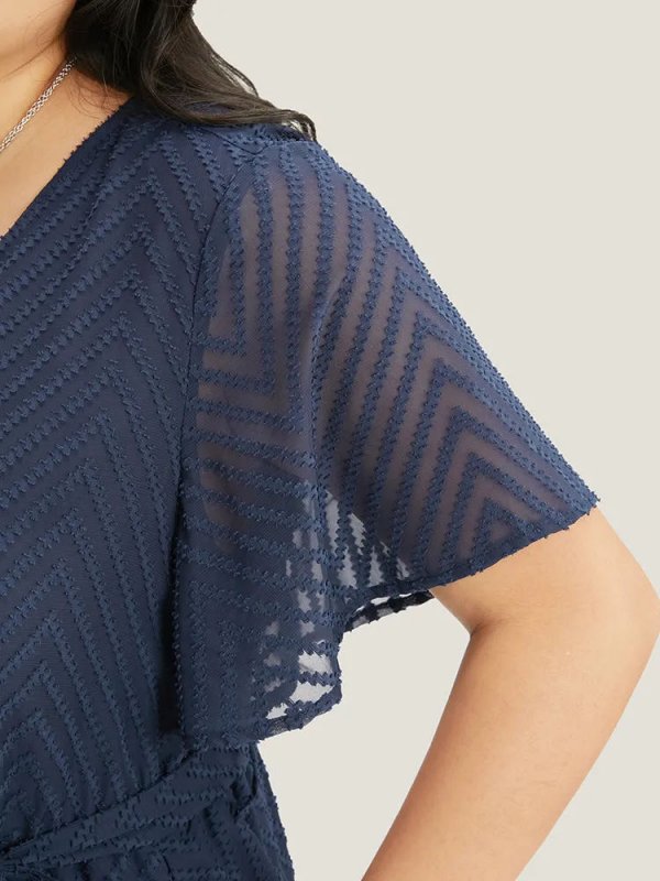 Plain Geometric Pocket Mesh Ruffle Sleeve Belted Wrap Dress