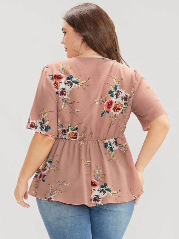 Floral Print Wrap Ruffles Asymmetrical Hem Blouse