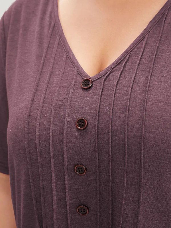 Solid Pleated Front Button Detail V Neck T-shirt