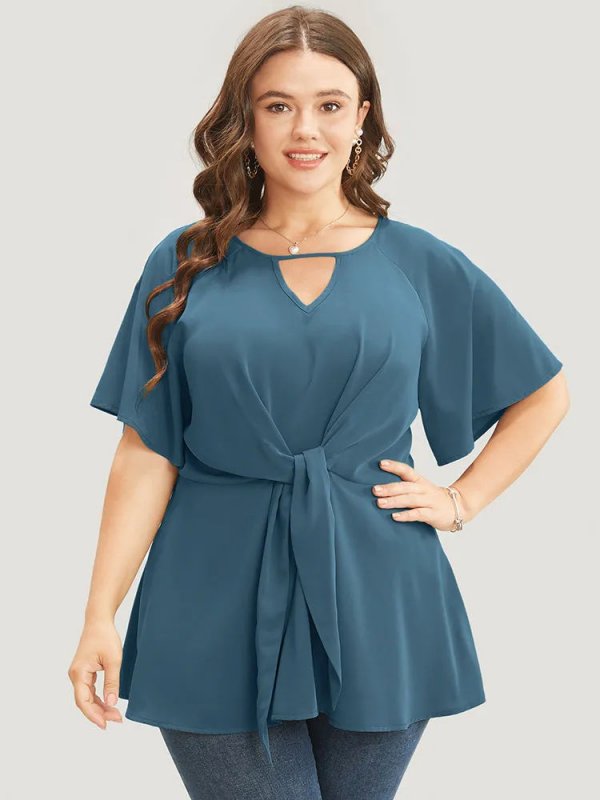 Plain Keyhole Knotted Front Ruffle Sleeve Blouse