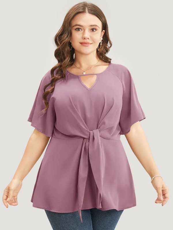 Plain Keyhole Knotted Front Ruffle Sleeve Blouse