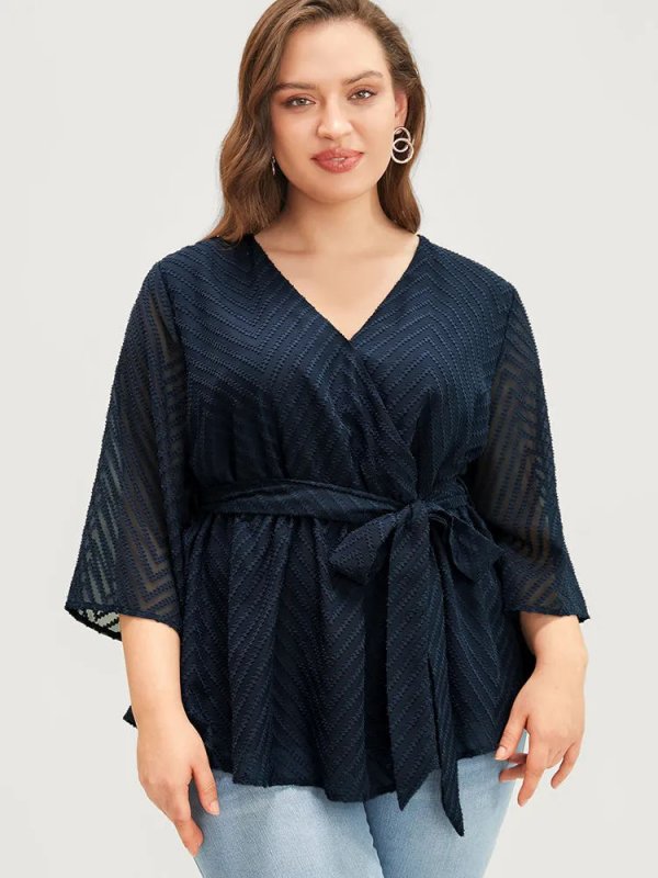 Plain Geometric Mesh Surplice Neck Belted Ruffles Blouse