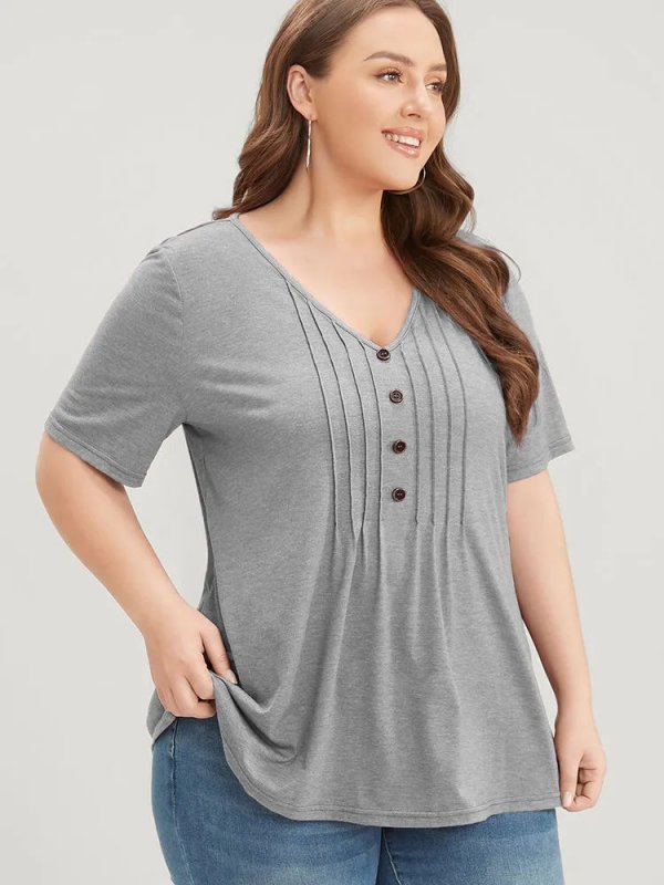 Solid Pleated Front Button Detail V Neck T-shirt