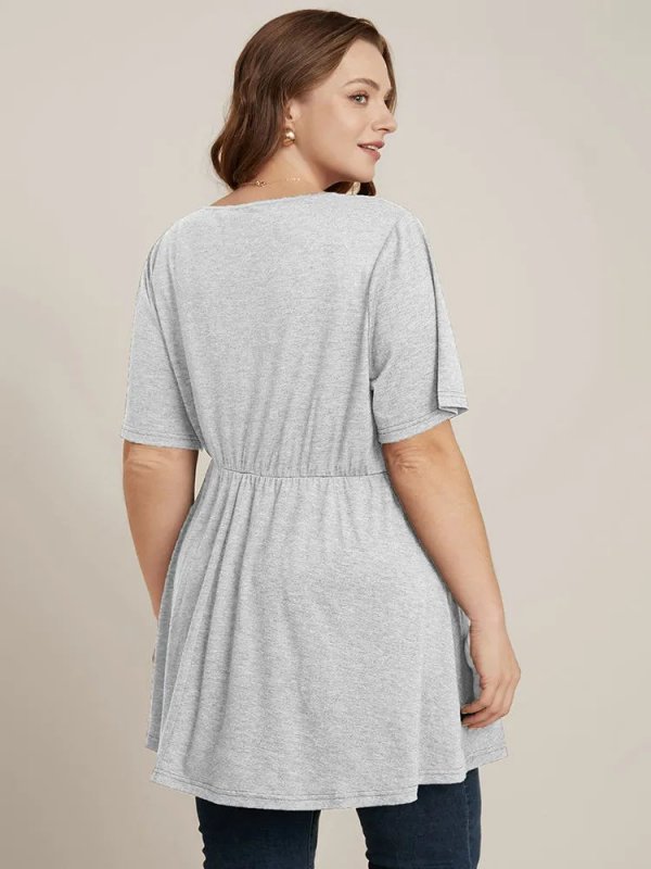 Solid Button V Neck Ruffles Blouse