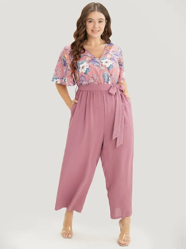 Floral Patchwork Wrap Belted Pocket Jumpsuit