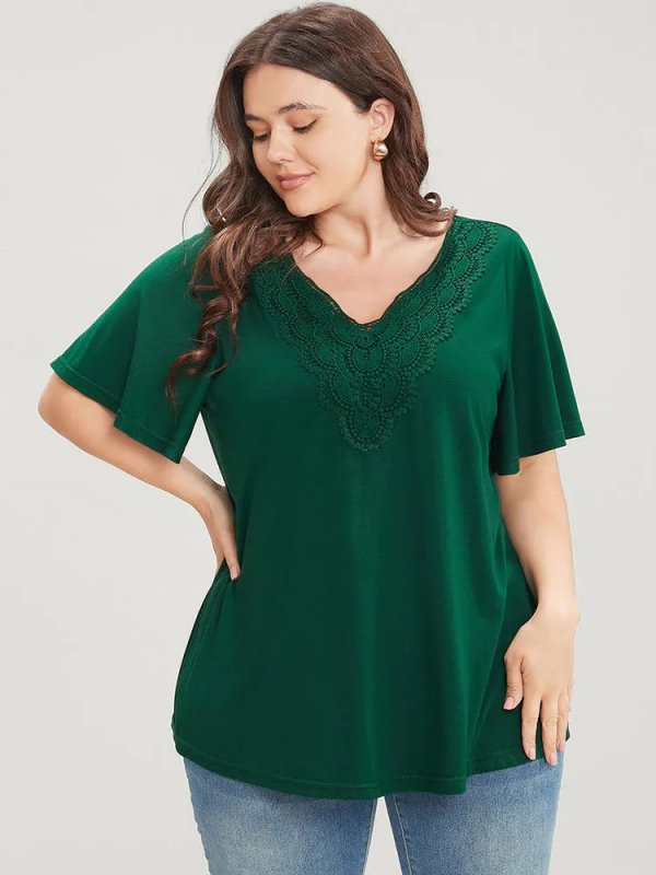 Solid Ruffle Sleeve Lace V Neck T-shirt