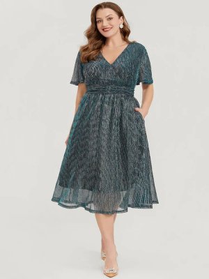 Glitter Mesh Surplice Neck Ruffle Sleeve Pocket Midi Dress