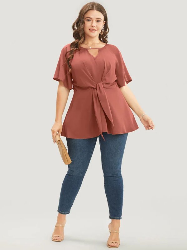 Plain Keyhole Knotted Front Ruffle Sleeve Blouse