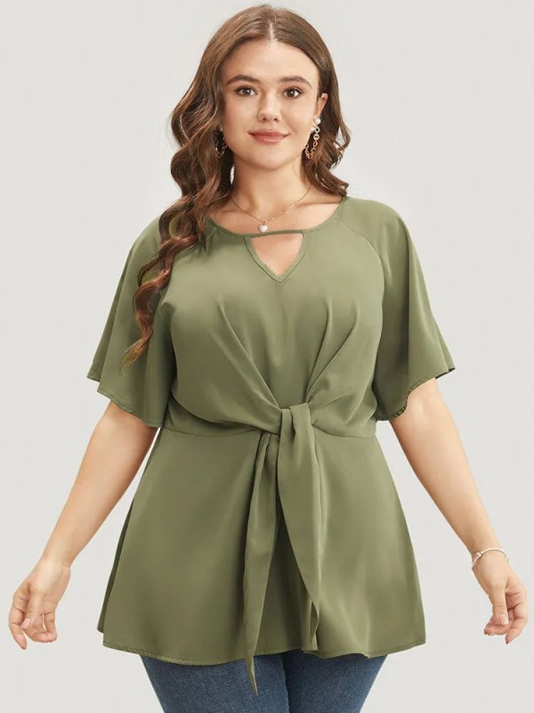 Plain Keyhole Knotted Front Ruffle Sleeve Blouse