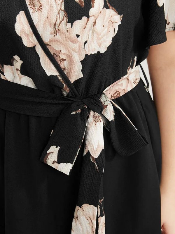 Floral Printed Pocket Ruffles Surplice Neck Belted Midi Dress