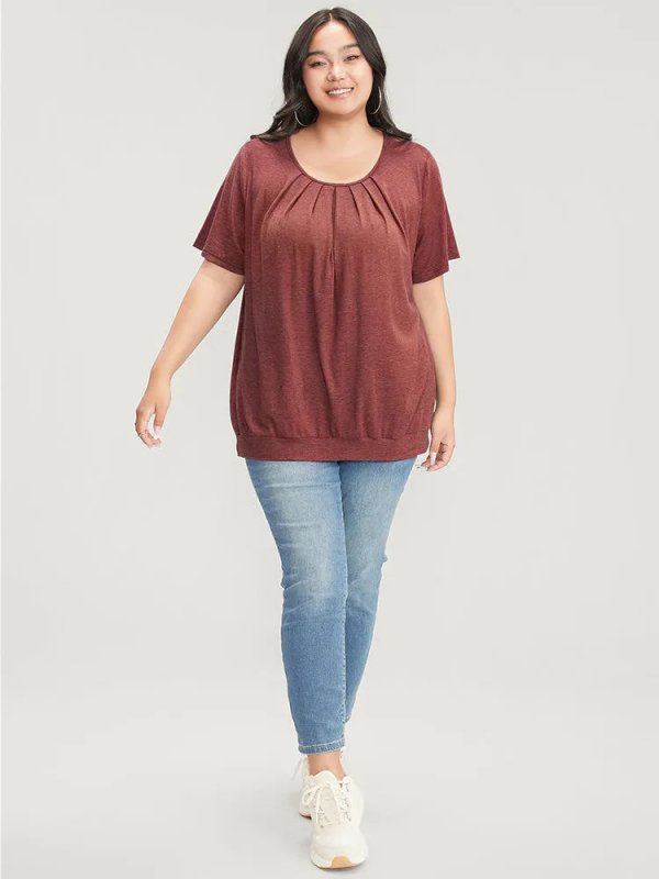 Solid Round Neck Pleated Detail T-shirt