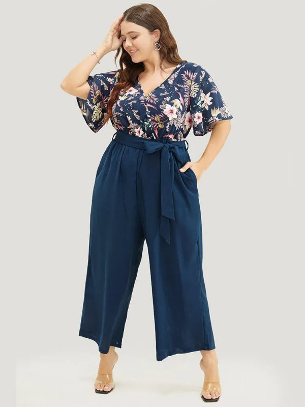 Floral Patchwork Wrap Belted Pocket Jumpsuit