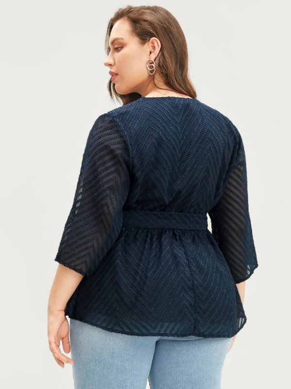 Plain Geometric Mesh Surplice Neck Belted Ruffles Blouse