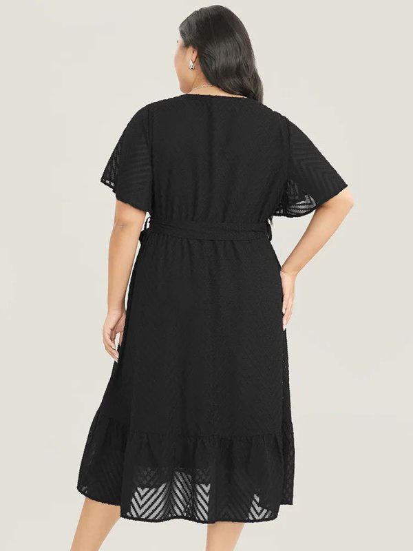 Plain Geometric Pocket Mesh Ruffle Sleeve Belted Wrap Dress