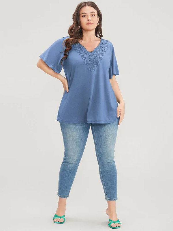 Solid Ruffle Sleeve Lace V Neck T-shirt