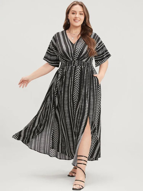 Solid Geometric Dolman Sleeve Pocket Shirred Split Hem Dress