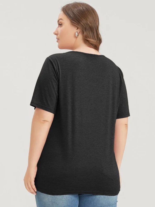 Solid Pleated Front Button Detail V Neck T-shirt