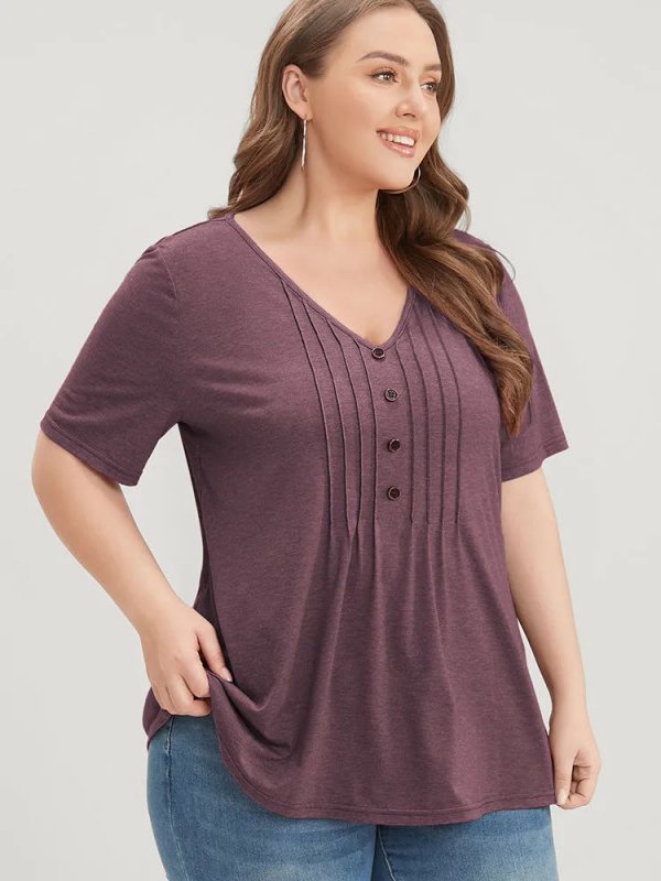 Solid Pleated Front Button Detail V Neck T-shirt