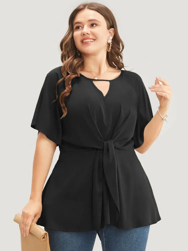 Plain Keyhole Knotted Front Ruffle Sleeve Blouse